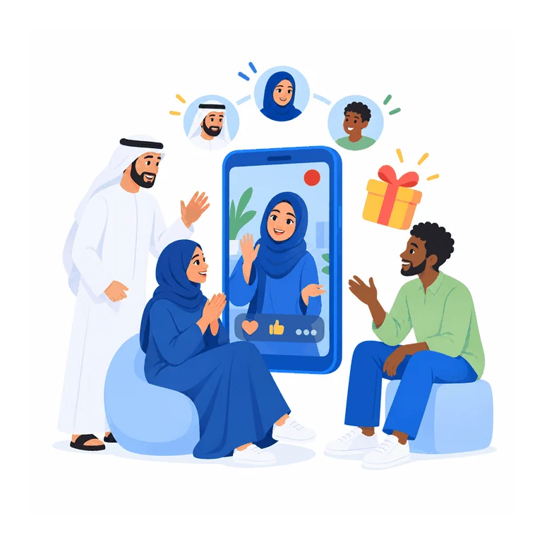 Friends gathered around a phone showing a live stream, with a gift box and avatars above