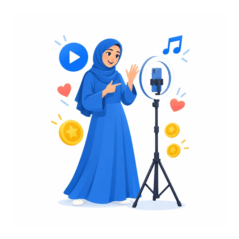 A creator filming a reel on a ring light, with hearts, music and coins around her